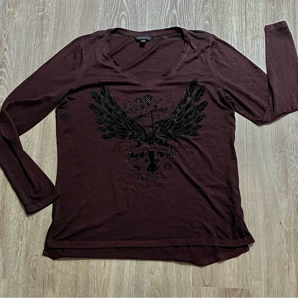 Rock & Republic Y2K Whimsigoth Punk Flocked Velvet Eagle Graphic Vamp L/S Top L